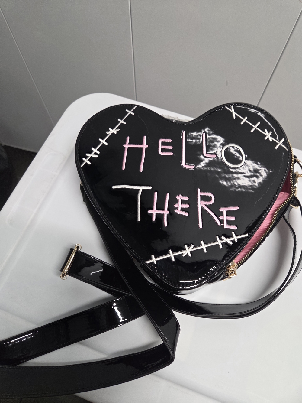 Backstitch Bruja Hello There Heart-Shaped Patent Crossbody Bag